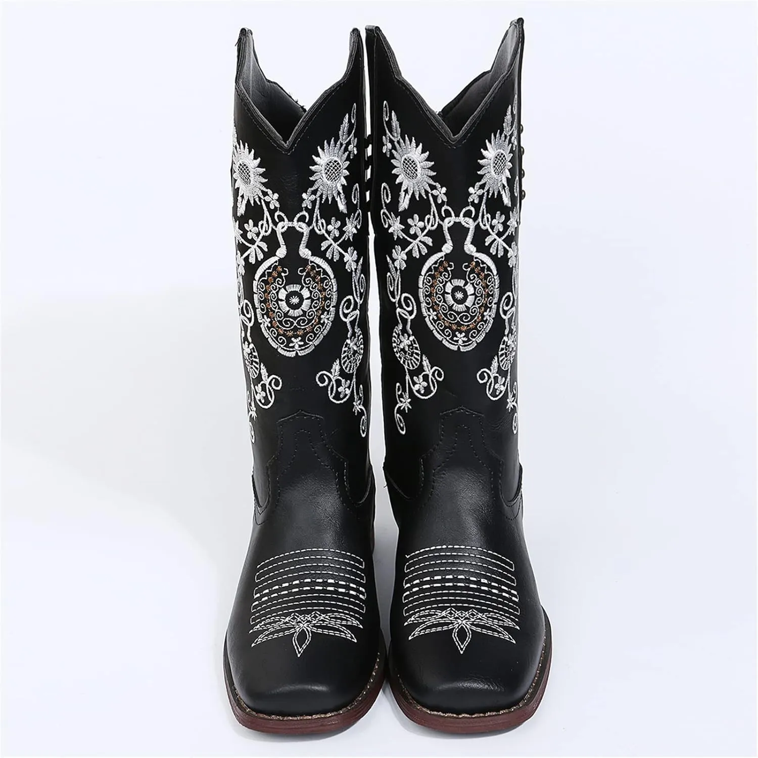 Cowboy Boots For Women Mid Calf Cowgirl Western Boots Embroidery Low Heel Knee High Chunky Heel Fashion Classic Boot Pull-On