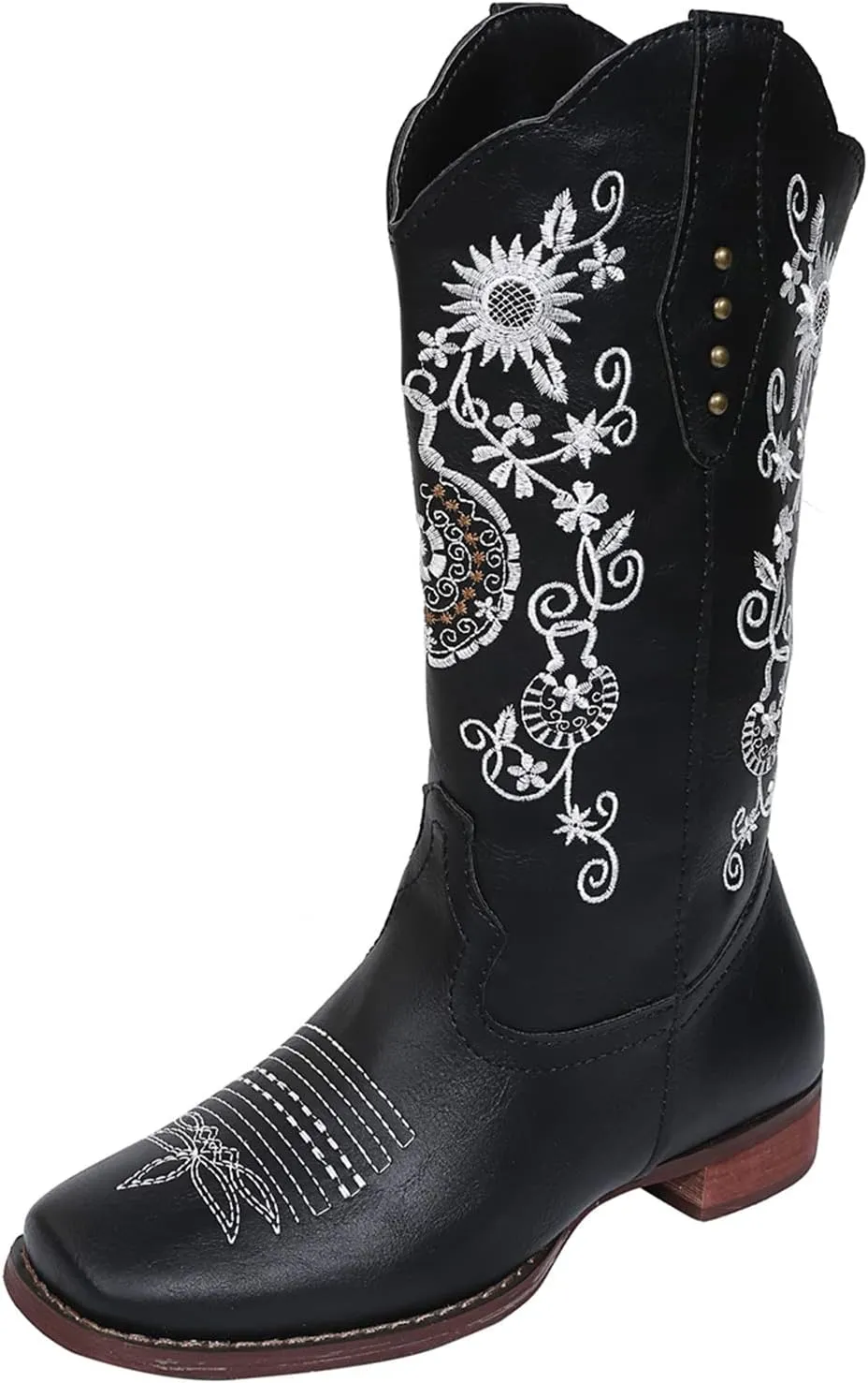 Cowboy Boots For Women Mid Calf Cowgirl Western Boots Embroidery Low Heel Knee High Chunky Heel Fashion Classic Boot Pull-On