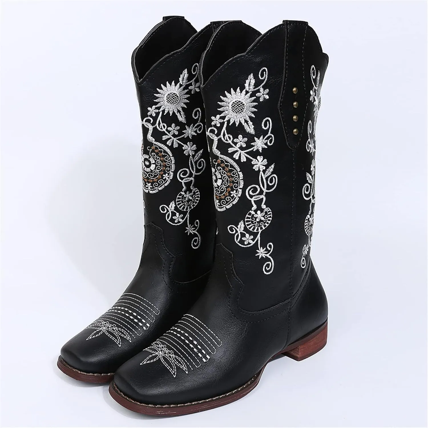 Cowboy Boots For Women Mid Calf Cowgirl Western Boots Embroidery Low Heel Knee High Chunky Heel Fashion Classic Boot Pull-On