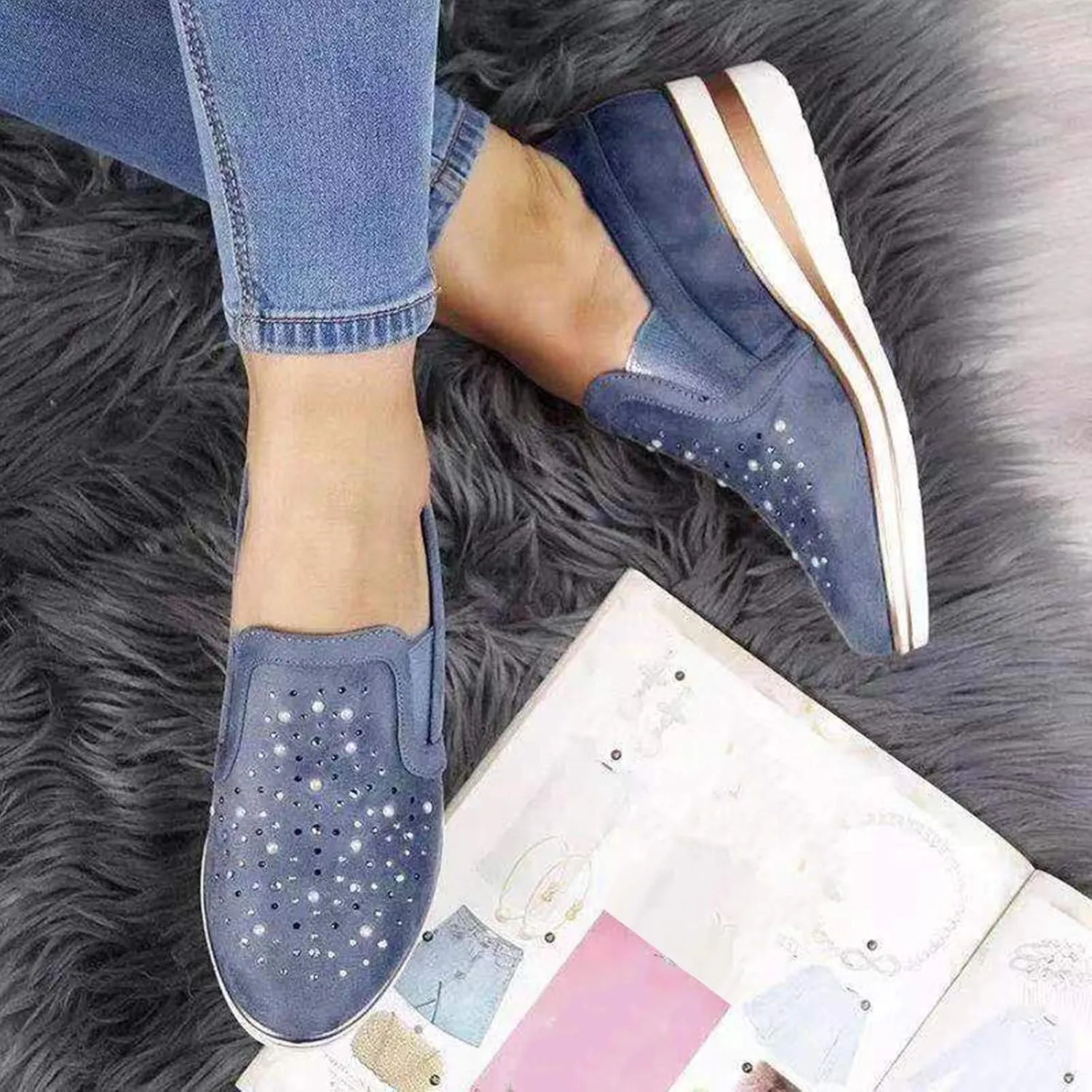 Cute Loafers Slip On Ballet Flat Shoes Casual Loafers Shoes Women Bling Ladies Crystal Platform Women's Wedges