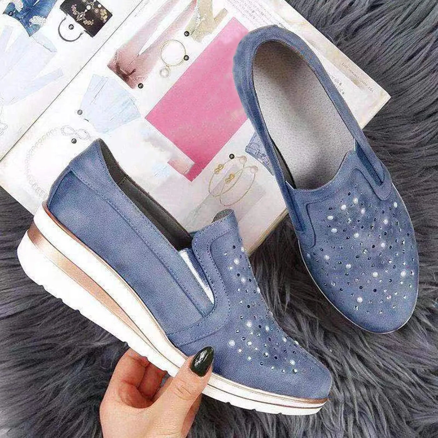 Cute Loafers Slip On Ballet Flat Shoes Casual Loafers Shoes Women Bling Ladies Crystal Platform Women's Wedges