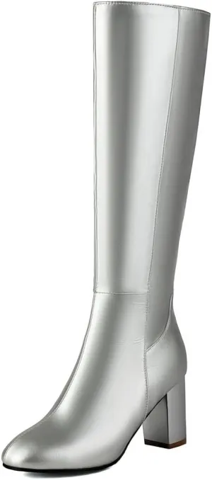 DINTAHA Chunky Knee High Heel Boots With Zipper Chunky Knee High Boots Tall Boots