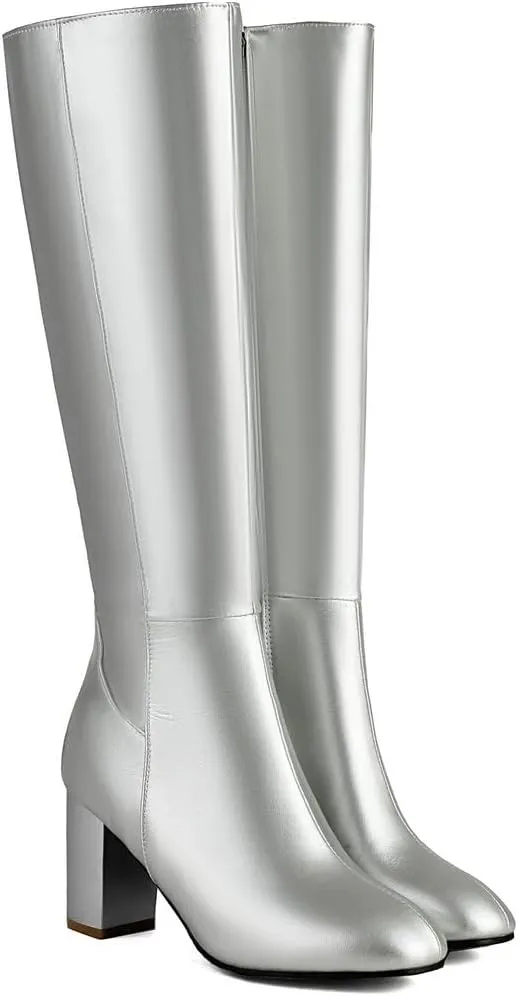 DINTAHA Chunky Knee High Heel Boots With Zipper Chunky Knee High Boots Tall Boots