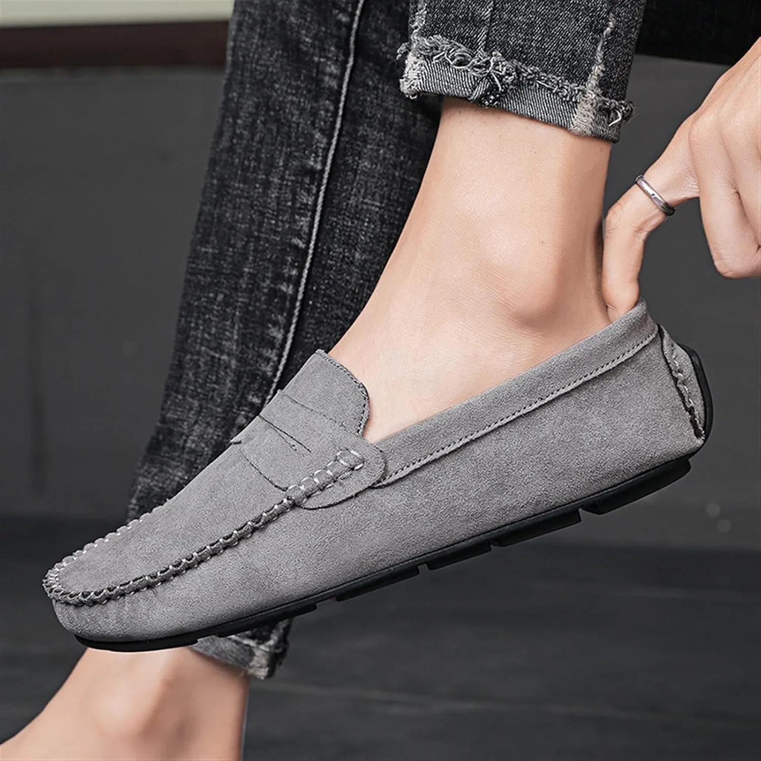 Driving Moccasins for Men Suede Vamp Penny Loafer Stitching Details Round Toe Comfortable Flexible Resistant Casual Slip On for Any Attire