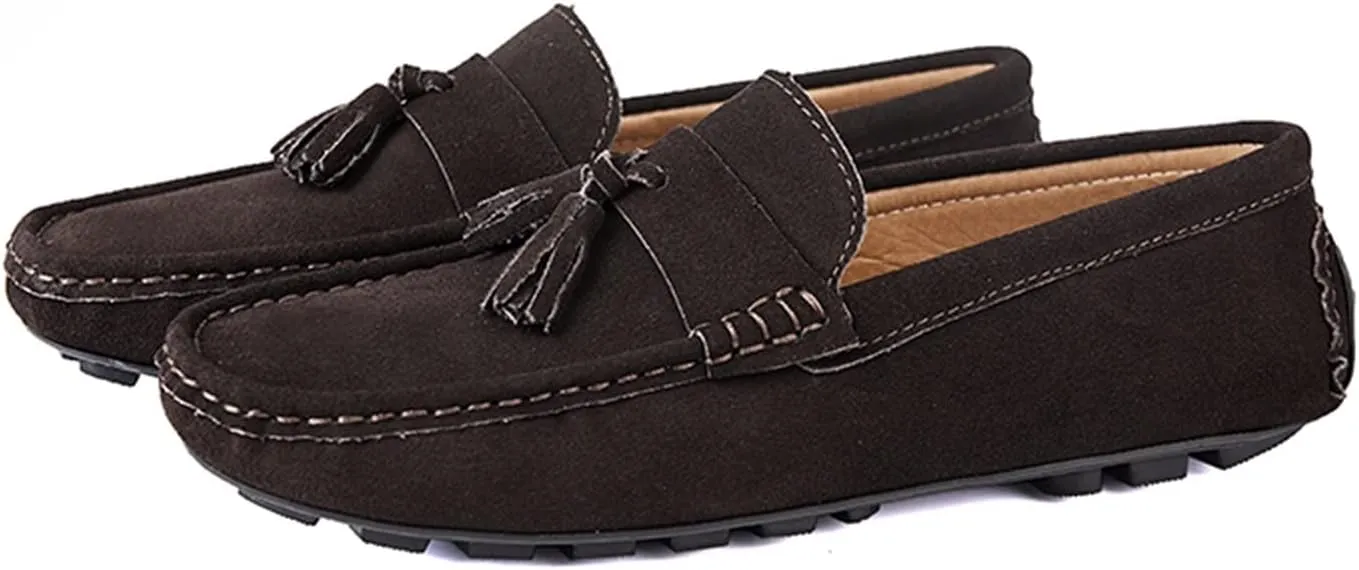Easy to Put and Remove. Driving Moccasins for Men Genuine Leather Tassel Stitching Details Round Toe Suede Vamp Flexible Lightweight Resistant Anti-Slip Flat Heel Driving for All Occasions