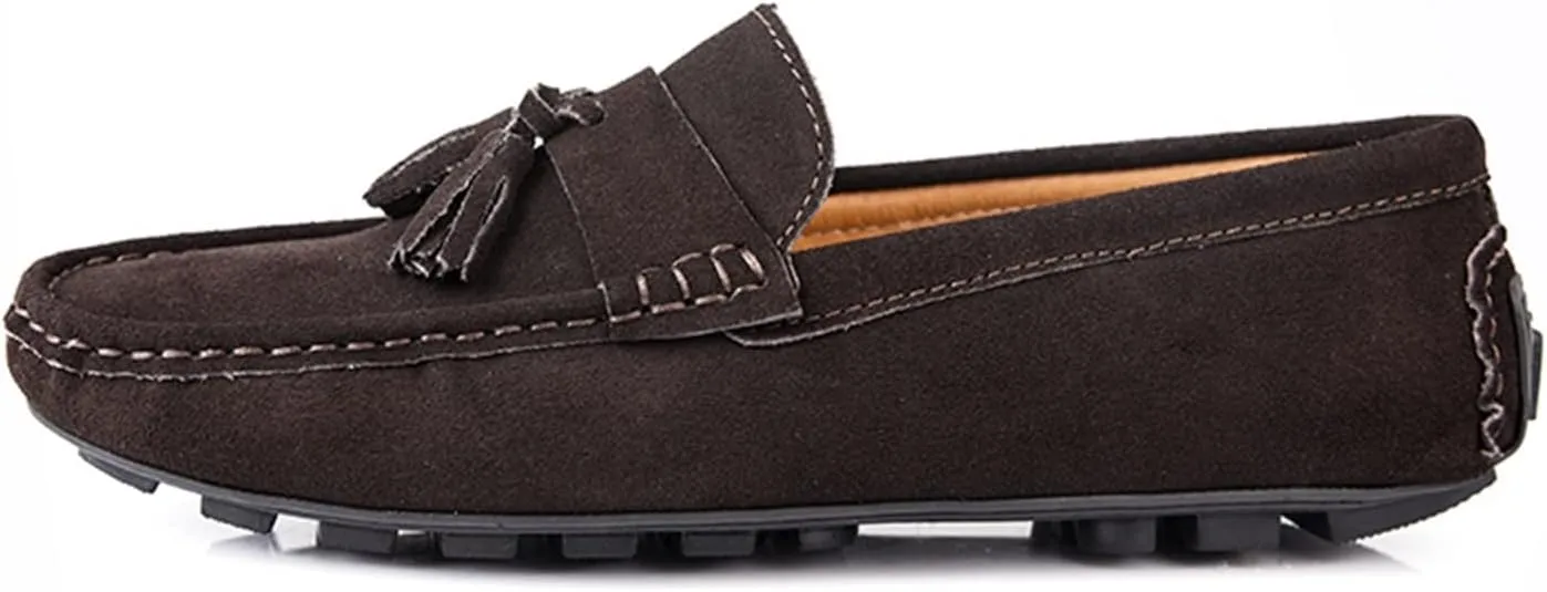Easy to Put and Remove. Driving Moccasins for Men Genuine Leather Tassel Stitching Details Round Toe Suede Vamp Flexible Lightweight Resistant Anti-Slip Flat Heel Driving for All Occasions