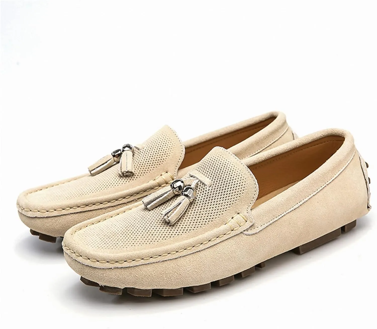 Easy to Put and Remove. Driving Moccasins for Men Genuine Leather Tassel Suede Vamp Perforated Round Toe Stitching Details Lightweight Flat Heel Anti-Slip Flexible Casual for All Occasions