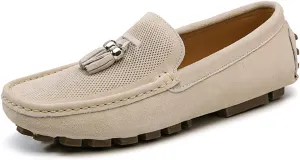 Easy to Put and Remove. Driving Moccasins for Men Genuine Leather Tassel Suede Vamp Perforated Round Toe Stitching Details Lightweight Flat Heel Anti-Slip Flexible Casual for All Occasions