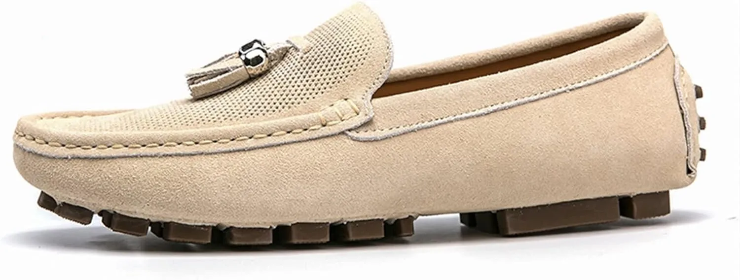 Easy to Put and Remove. Driving Moccasins for Men Genuine Leather Tassel Suede Vamp Perforated Round Toe Stitching Details Lightweight Flat Heel Anti-Slip Flexible Casual for All Occasions