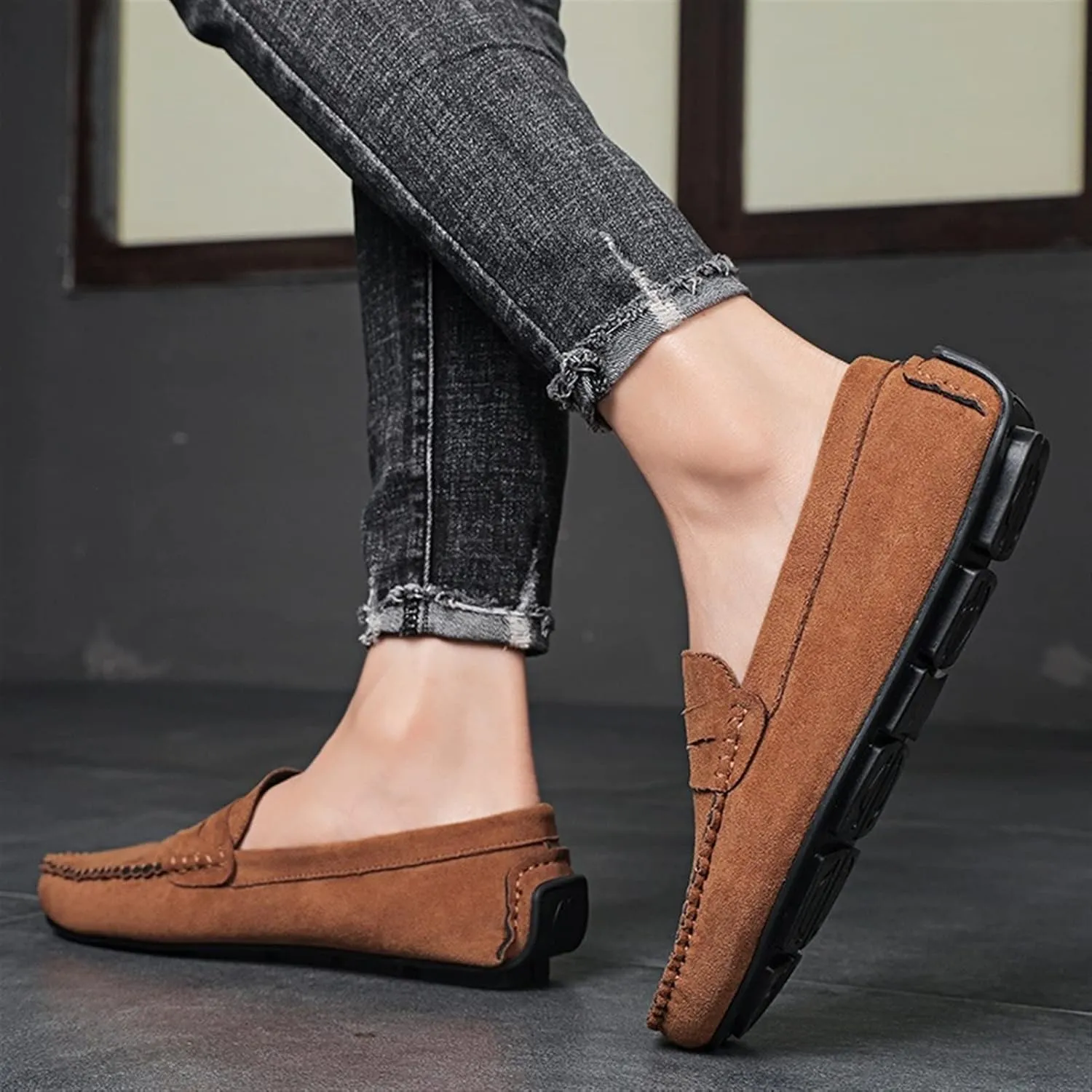 Easy to Put and Remove. Smoking Loafer for Men Suede Vamp Penny Loafer Stitching Details Round Toe Flat Heel Flexible Anti-Slip Resistant Casual Slip on for All Occasions
