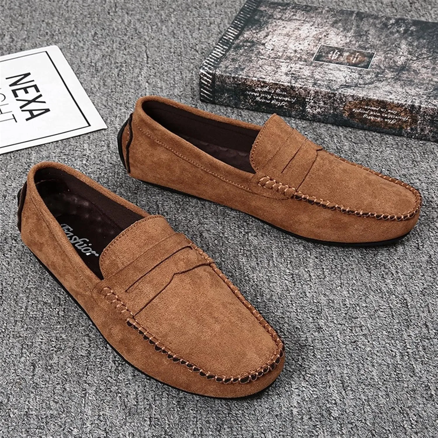 Easy to Put and Remove. Smoking Loafer for Men Suede Vamp Penny Loafer Stitching Details Round Toe Flat Heel Flexible Anti-Slip Resistant Casual Slip on for All Occasions