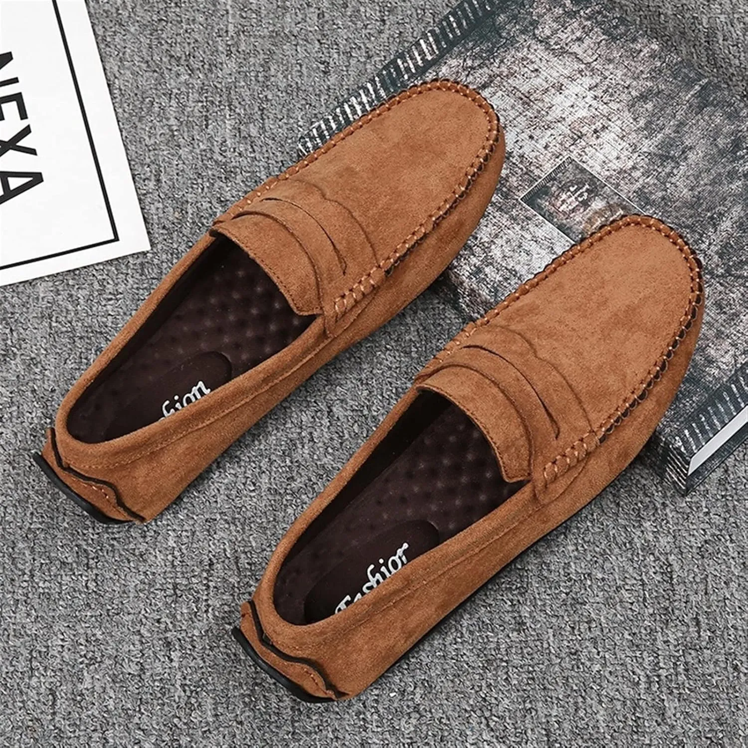 Easy to Put and Remove. Smoking Loafer for Men Suede Vamp Penny Loafer Stitching Details Round Toe Flat Heel Flexible Anti-Slip Resistant Casual Slip on for All Occasions