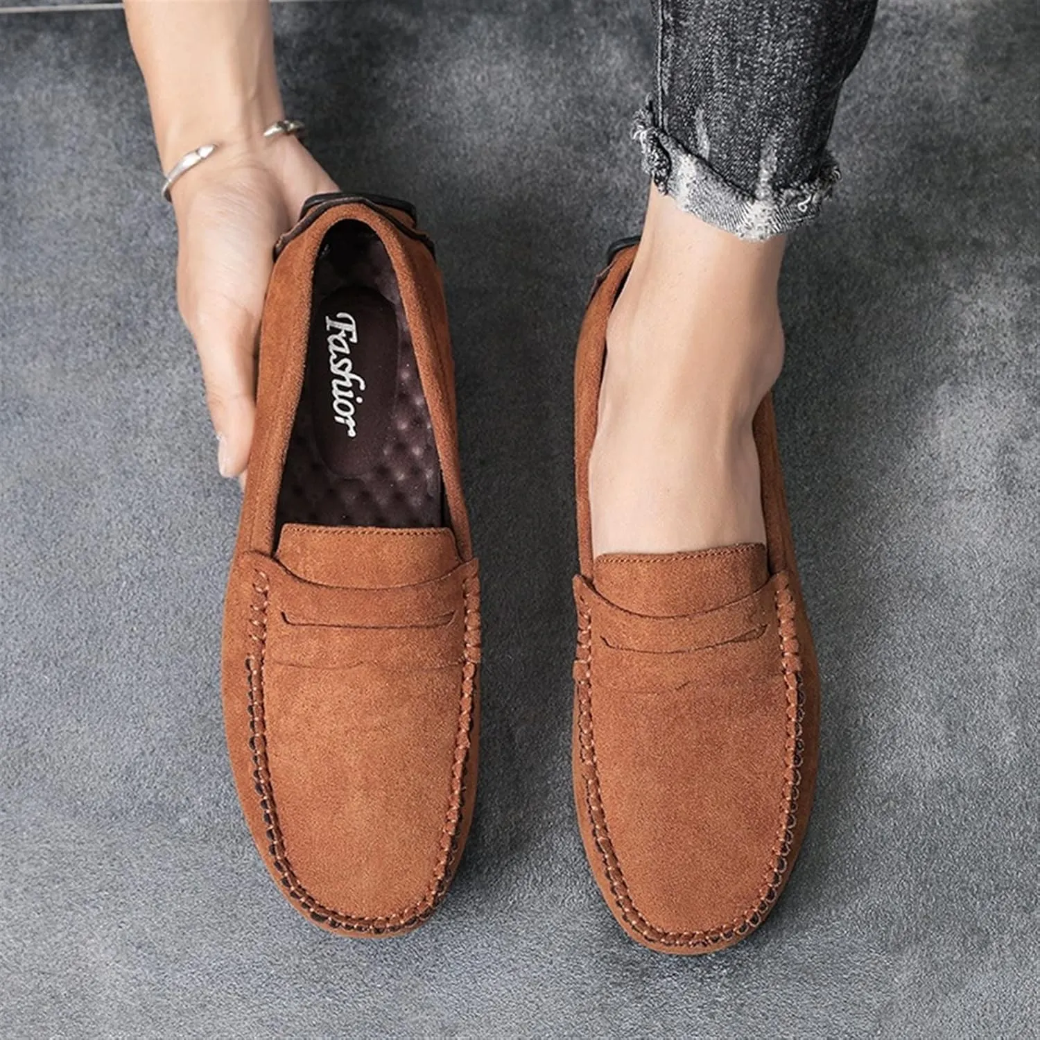 Easy to Put and Remove. Smoking Loafer for Men Suede Vamp Penny Loafer Stitching Details Round Toe Flat Heel Flexible Anti-Slip Resistant Casual Slip on for All Occasions