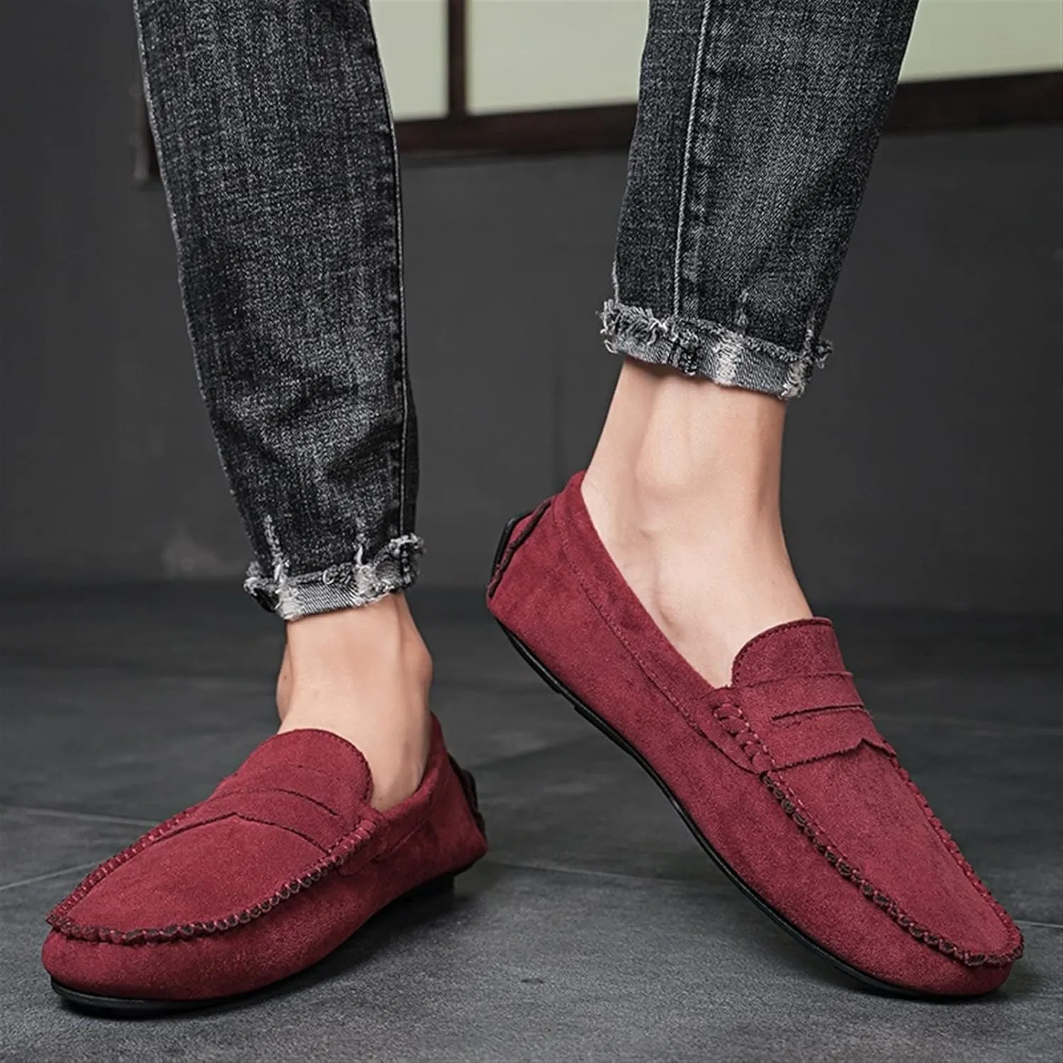Easy to Put and Remove. Smoking Loafer for Men Suede Vamp Penny Loafer Stitching Details Round Toe Flat Heel Flexible Anti-Slip Resistant Casual Slip on for All Occasions