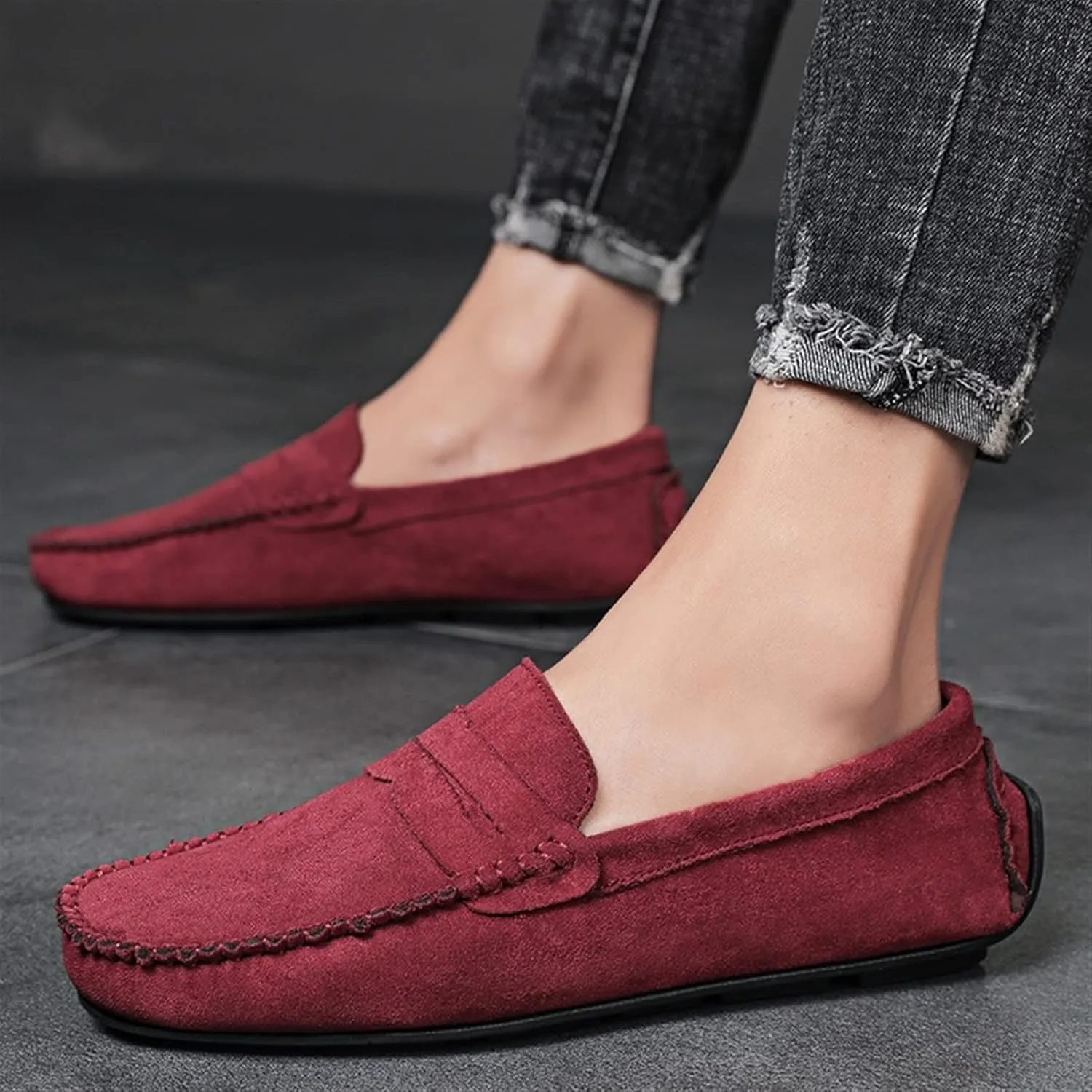 Easy to Put and Remove. Smoking Loafer for Men Suede Vamp Penny Loafer Stitching Details Round Toe Flat Heel Flexible Anti-Slip Resistant Casual Slip on for All Occasions