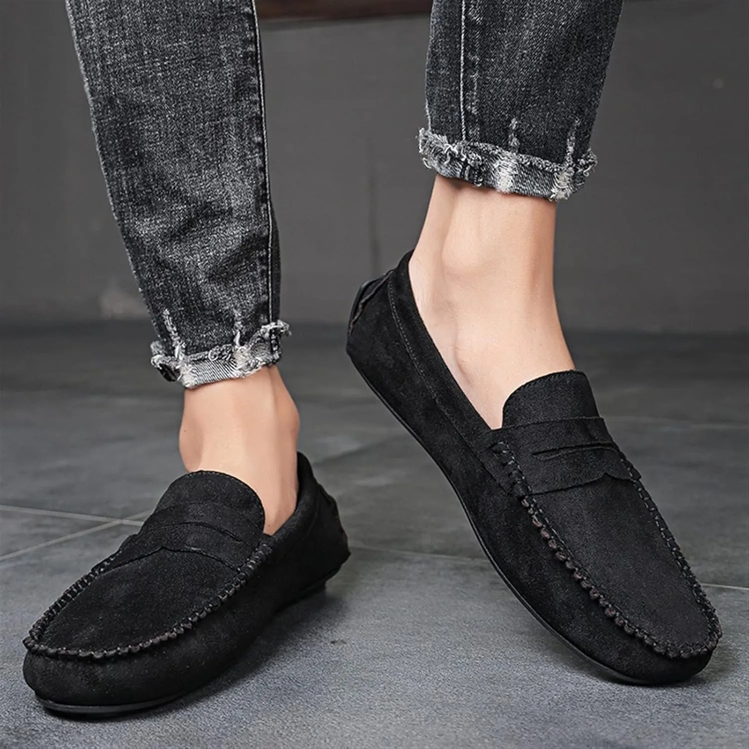 Easy to Put and Remove. Smoking Loafer for Men Suede Vamp Penny Loafer Stitching Details Round Toe Flat Heel Flexible Anti-Slip Resistant Casual Slip on for All Occasions