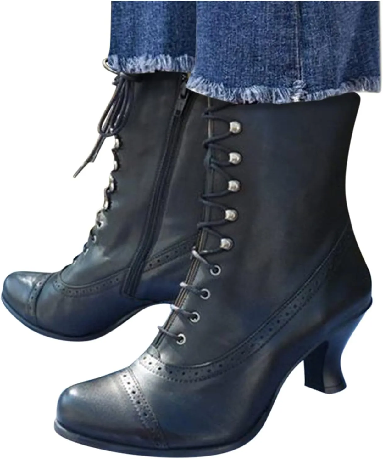 Fall Boots for Women 2023 Cowboy Boots Vintage Knee High Boots Lace Up Boots Chunky Heels Retro Gothic Mid Calf Boots