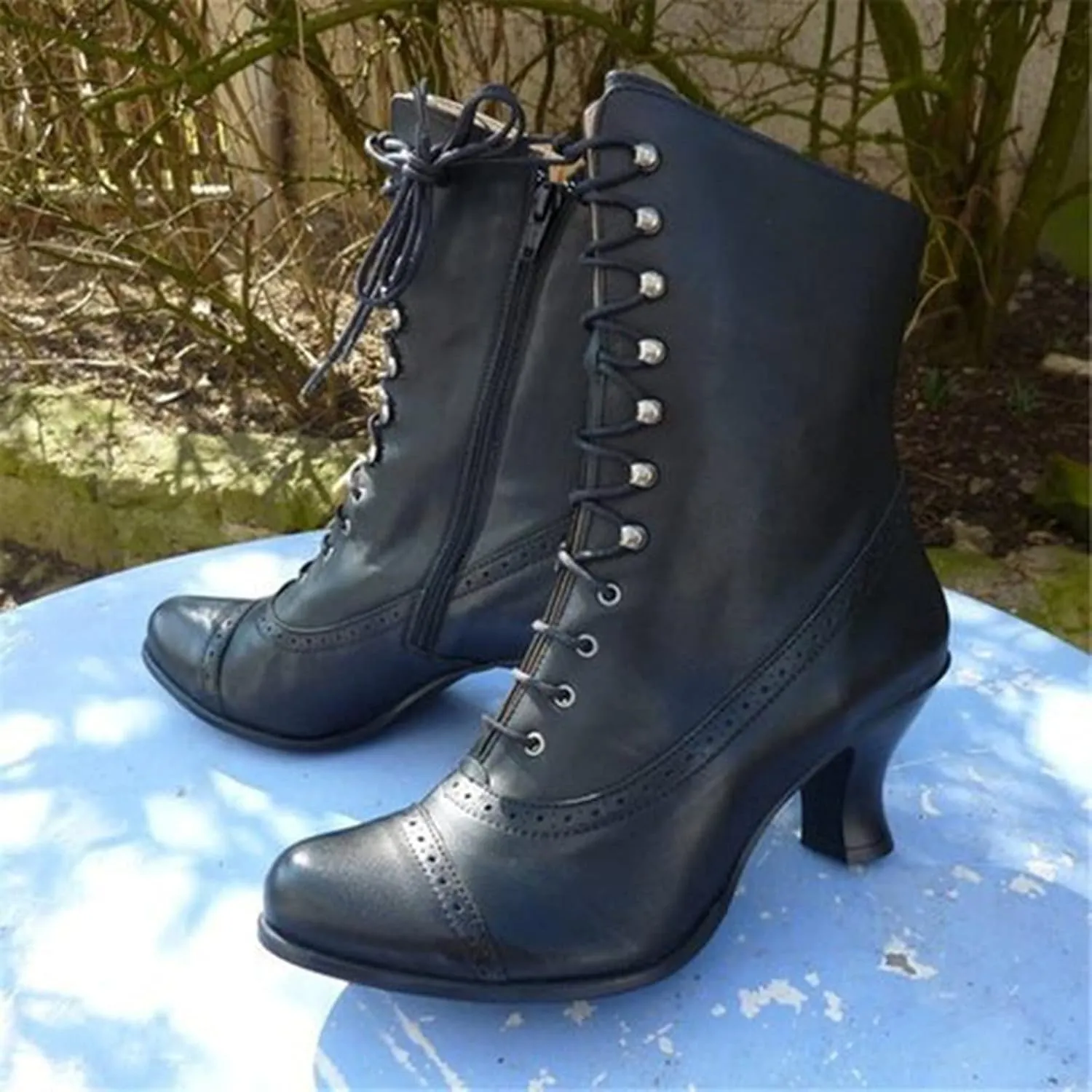 Fall Boots for Women 2023 Cowboy Boots Vintage Knee High Boots Lace Up Boots Chunky Heels Retro Gothic Mid Calf Boots