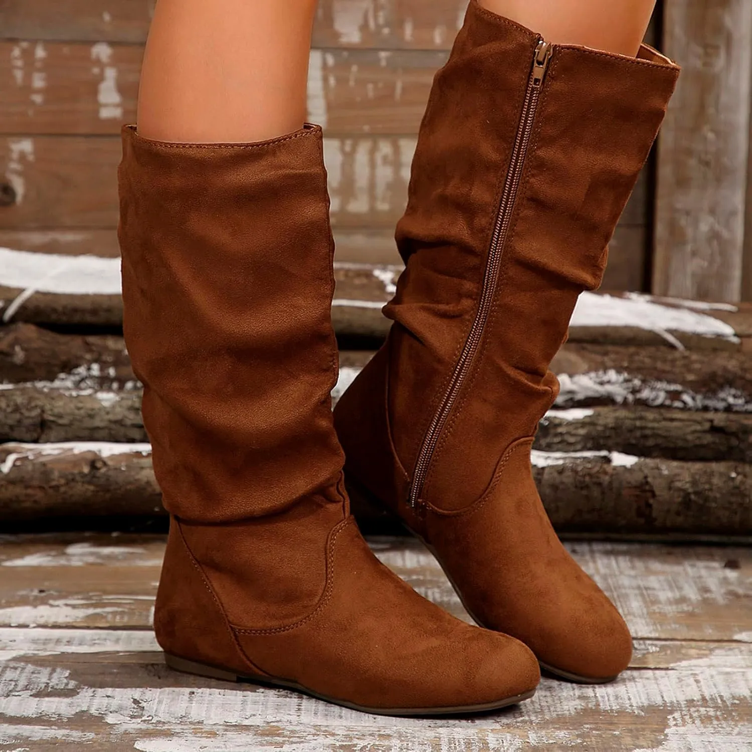 Flat Boots Women Knee High Winter Boots Zipper Suede Boots Long Slouchy Boots Western Boots Wide Calf Boots