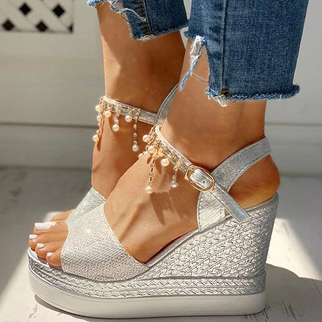 GUNIYIFS Womens Wedge Platform Sandal Summer Espadrilles Flatform Casual Sandal Dressy with Pearl Open Toe High Heels Sandals