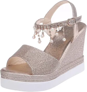 GUNIYIFS Womens Wedge Platform Sandal Summer Espadrilles Flatform Casual Sandal Dressy with Pearl Open Toe High Heels Sandals