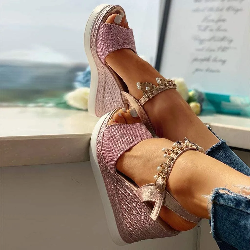 GUNIYIFS Womens Wedge Platform Sandal Summer Espadrilles Flatform Casual Sandal Dressy with Pearl Open Toe High Heels Sandals