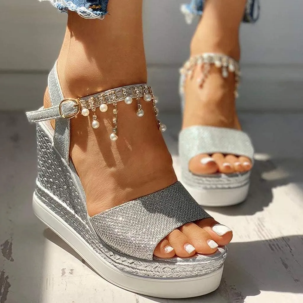 GUNIYIFS Womens Wedge Platform Sandal Summer Espadrilles Flatform Casual Sandal Dressy with Pearl Open Toe High Heels Sandals