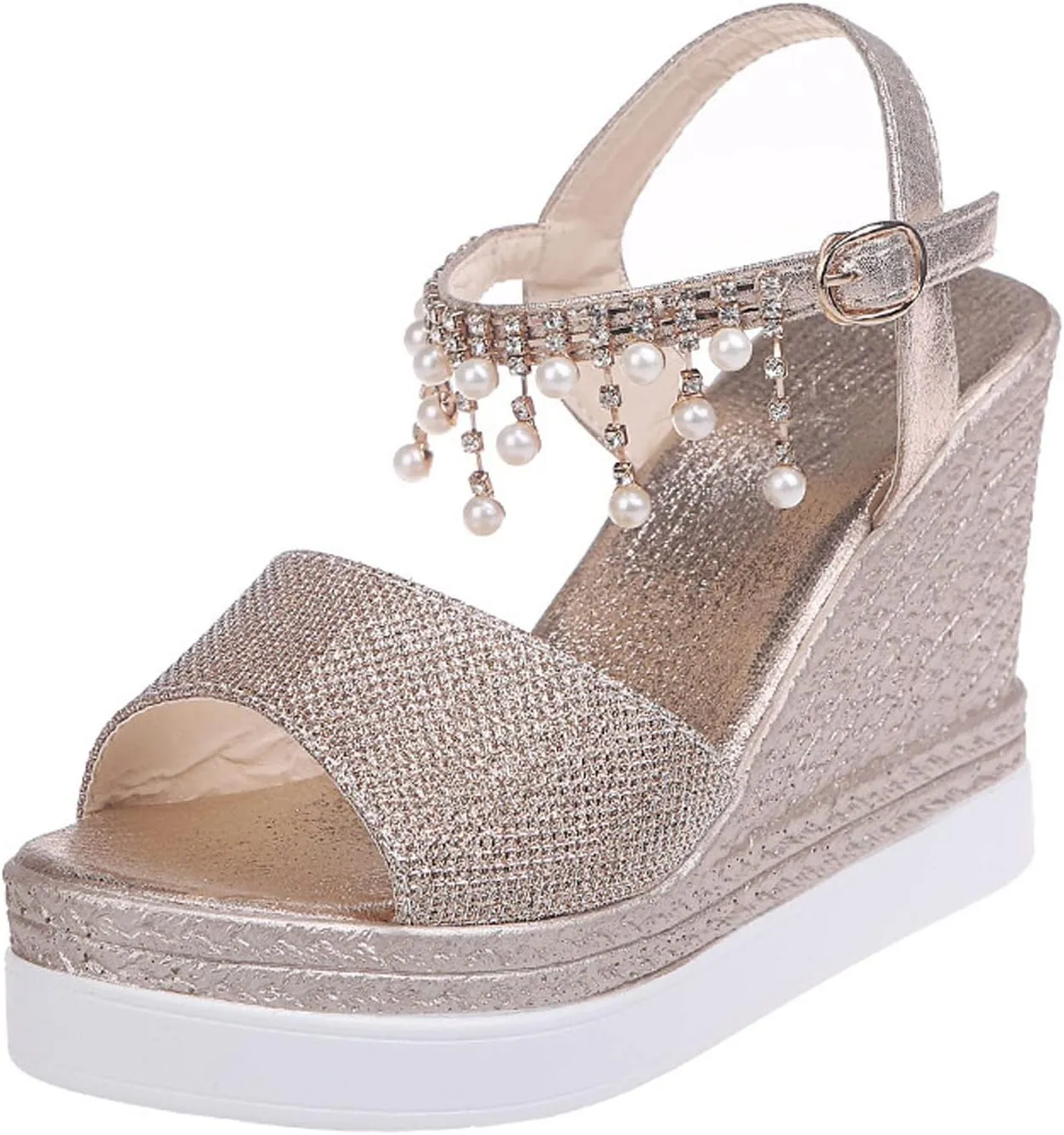 GUNIYIFS Womens Wedge Platform Sandal Summer Espadrilles Flatform Casual Sandal Dressy with Pearl Open Toe High Heels Sandals