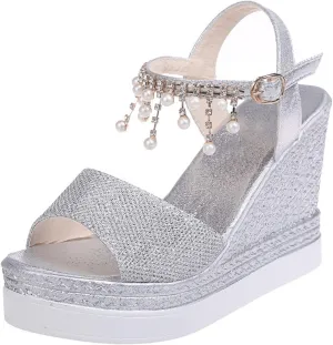 GUNIYIFS Womens Wedge Platform Sandal Summer Espadrilles Flatform Casual Sandal Dressy with Pearl Open Toe High Heels Sandals
