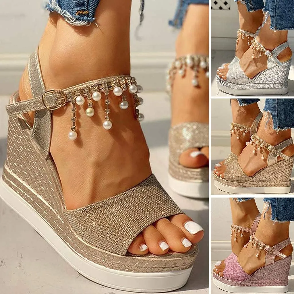 GUNIYIFS Womens Wedge Platform Sandal Summer Espadrilles Flatform Casual Sandal Dressy with Pearl Open Toe High Heels Sandals