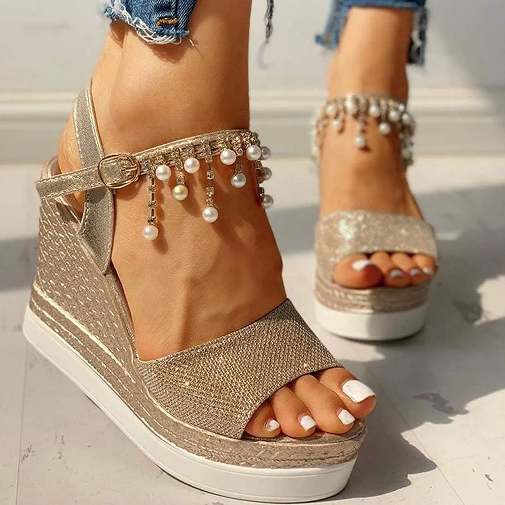 GUNIYIFS Womens Wedge Platform Sandal Summer Espadrilles Flatform Casual Sandal Dressy with Pearl Open Toe High Heels Sandals
