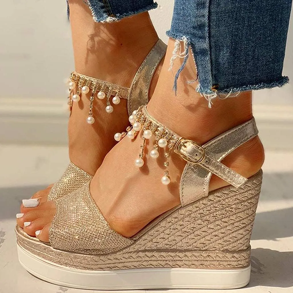GUNIYIFS Womens Wedge Platform Sandal Summer Espadrilles Flatform Casual Sandal Dressy with Pearl Open Toe High Heels Sandals