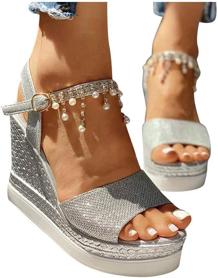 GUNIYIFS Womens Wedge Platform Sandal Summer Espadrilles Flatform Casual Sandal Dressy with Pearl Open Toe High Heels Sandals