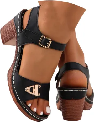 Hbeylia Platform Chunky Heels Sandals for Women Dressy Open Toe Low Block Heeled Fashion Wedding Party Dress Sandals Buckle Ankle Strap Casual Pumps Summer Shoes