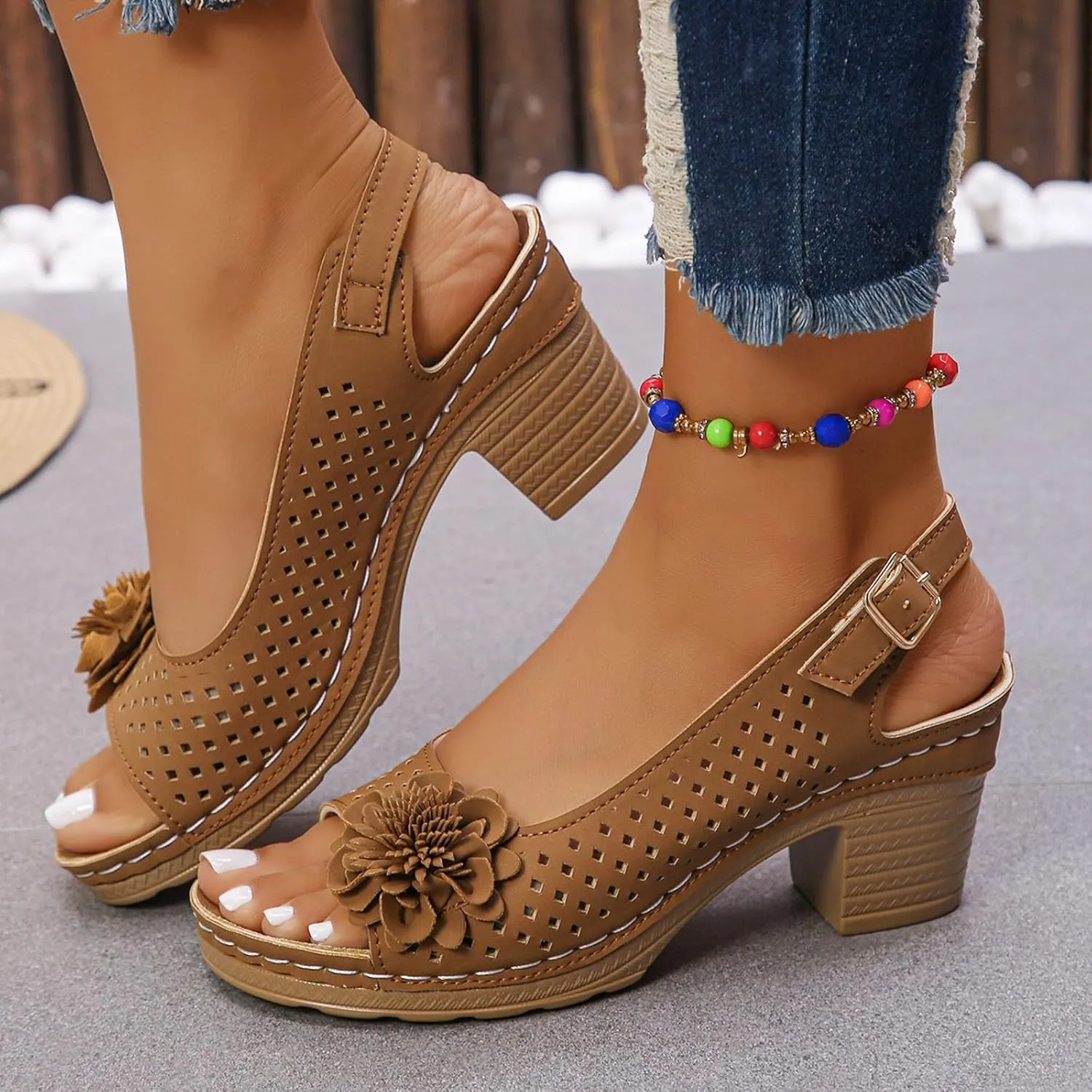 Hbeylia Womens Heeled Sandals Chunky Low Heels Round Open Toe Back Strap Ankle Buckle Dress Shoes Backless Slip On Comfortable Block Heel Summer Shoes for Wedding Bridal Evening Party Prom