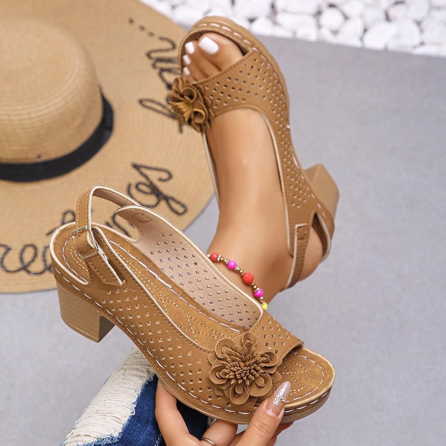 Hbeylia Womens Heeled Sandals Chunky Low Heels Round Open Toe Back Strap Ankle Buckle Dress Shoes Backless Slip On Comfortable Block Heel Summer Shoes for Wedding Bridal Evening Party Prom