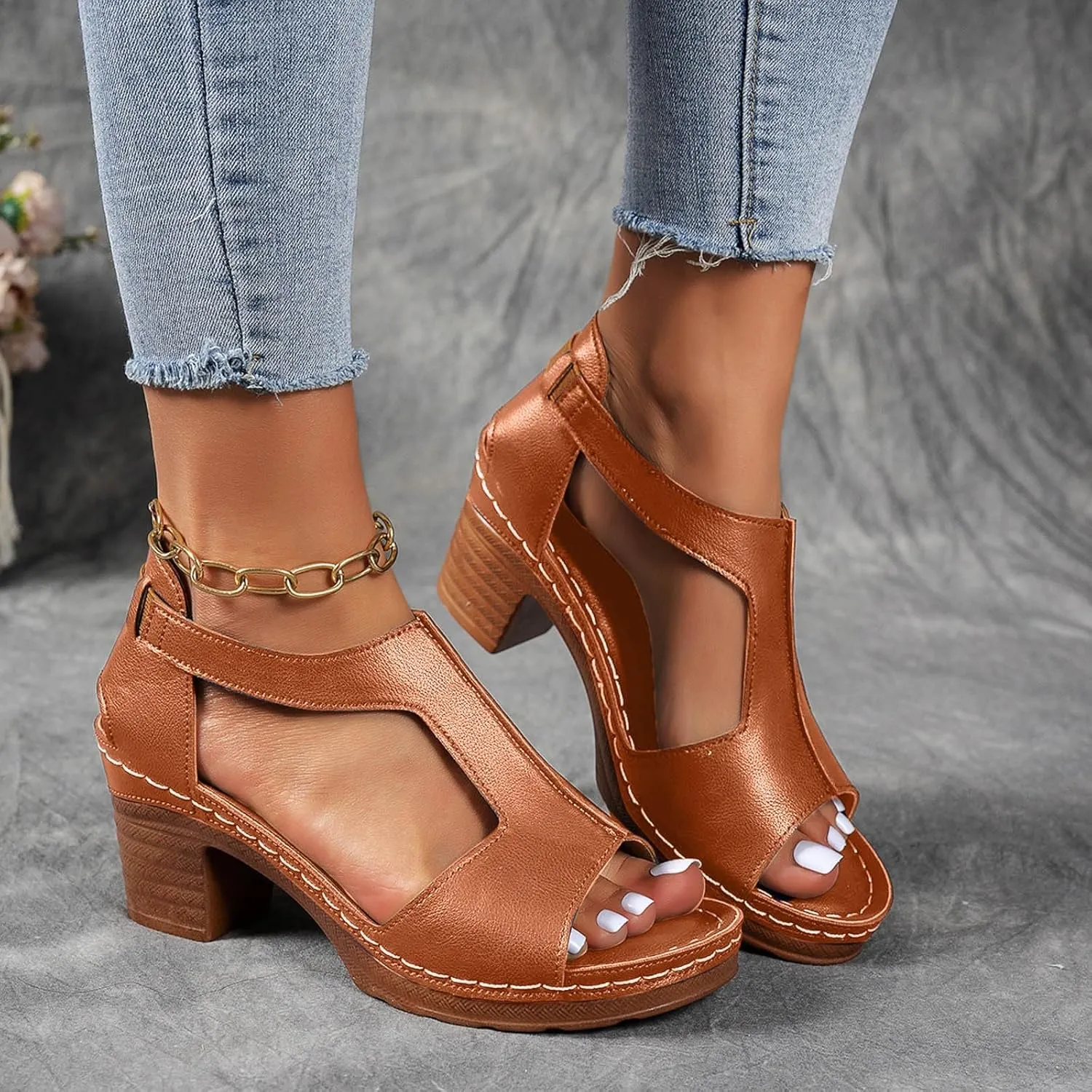 Hbeylia Women's Platform Chunky Heels Sandals Open Toe Cutout T-Strap Slip On Sandals Block Heeled Comfortable Fashion Wedding Party Dress Sandals Elastic Ankle Strap Office Casual Summer Shoes