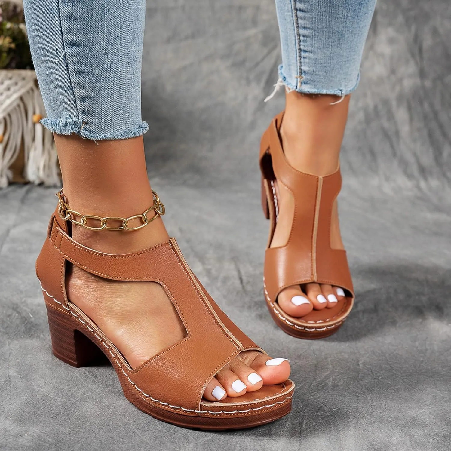 Hbeylia Women's Platform Chunky Heels Sandals Open Toe Cutout T-Strap Slip On Sandals Block Heeled Comfortable Fashion Wedding Party Dress Sandals Elastic Ankle Strap Office Casual Summer Shoes