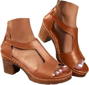 Hbeylia Women's Platform Chunky Heels Sandals Open Toe Cutout T-Strap Slip On Sandals Block Heeled Comfortable Fashion Wedding Party Dress Sandals Elastic Ankle Strap Office Casual Summer Shoes