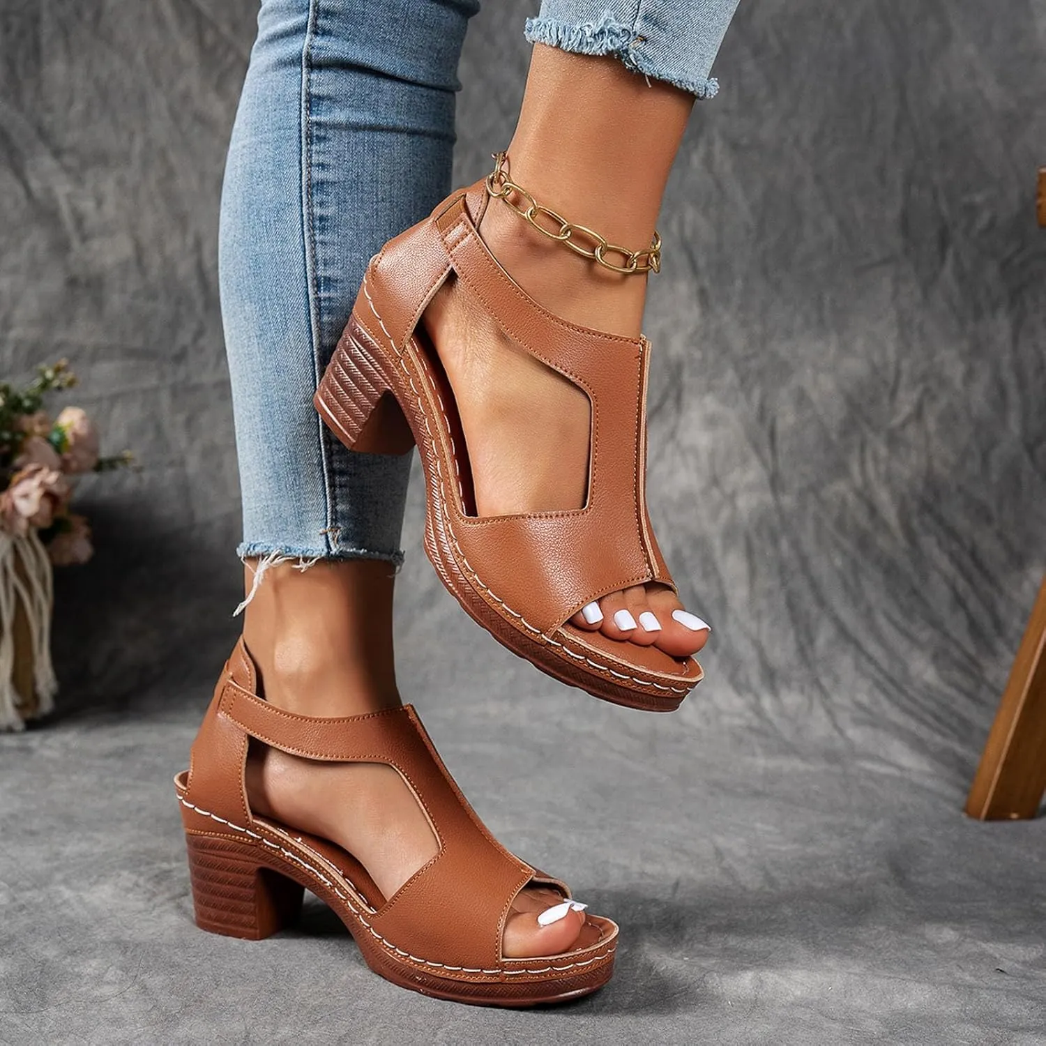Hbeylia Women's Platform Chunky Heels Sandals Open Toe Cutout T-Strap Slip On Sandals Block Heeled Comfortable Fashion Wedding Party Dress Sandals Elastic Ankle Strap Office Casual Summer Shoes