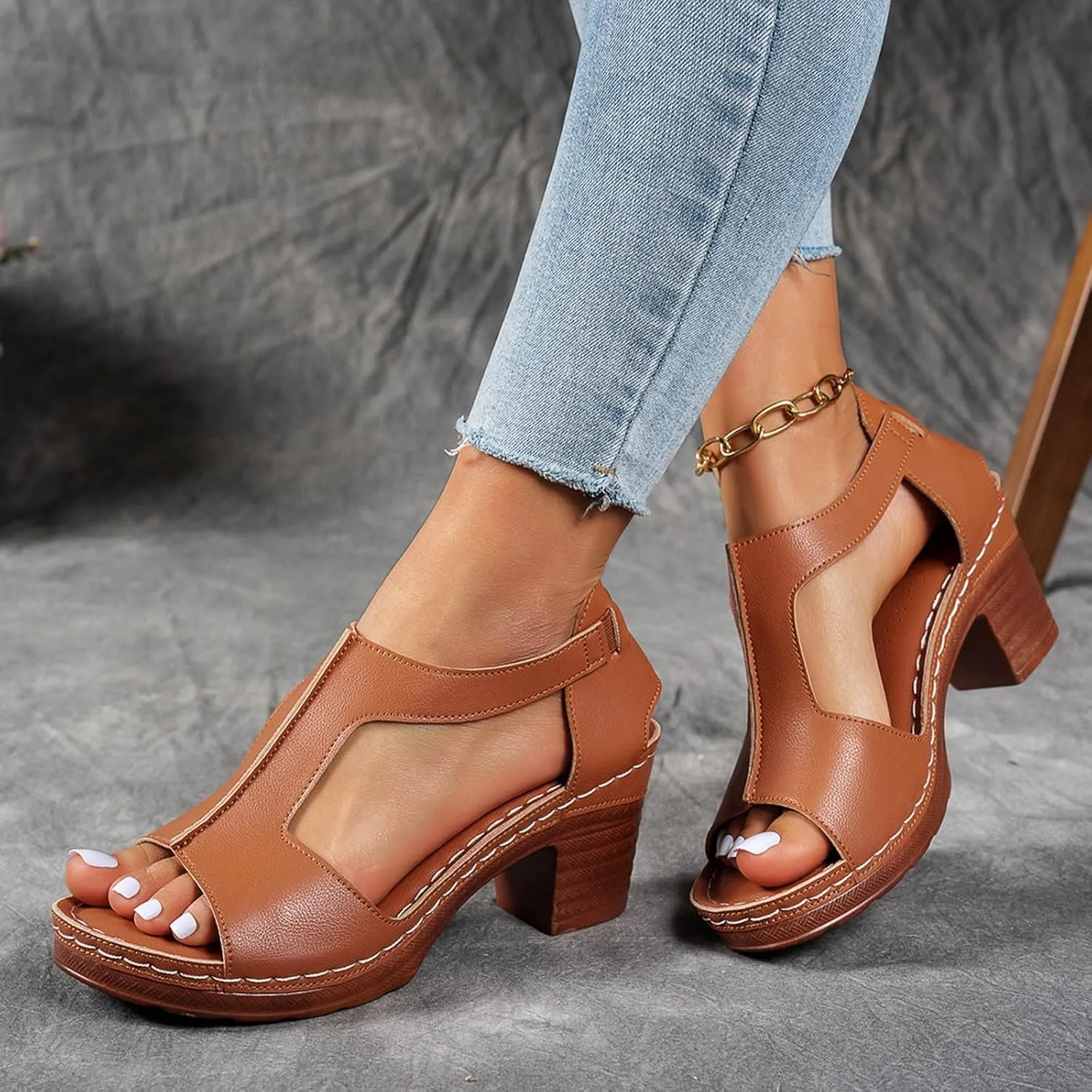 Hbeylia Women's Platform Chunky Heels Sandals Open Toe Cutout T-Strap Slip On Sandals Block Heeled Comfortable Fashion Wedding Party Dress Sandals Elastic Ankle Strap Office Casual Summer Shoes