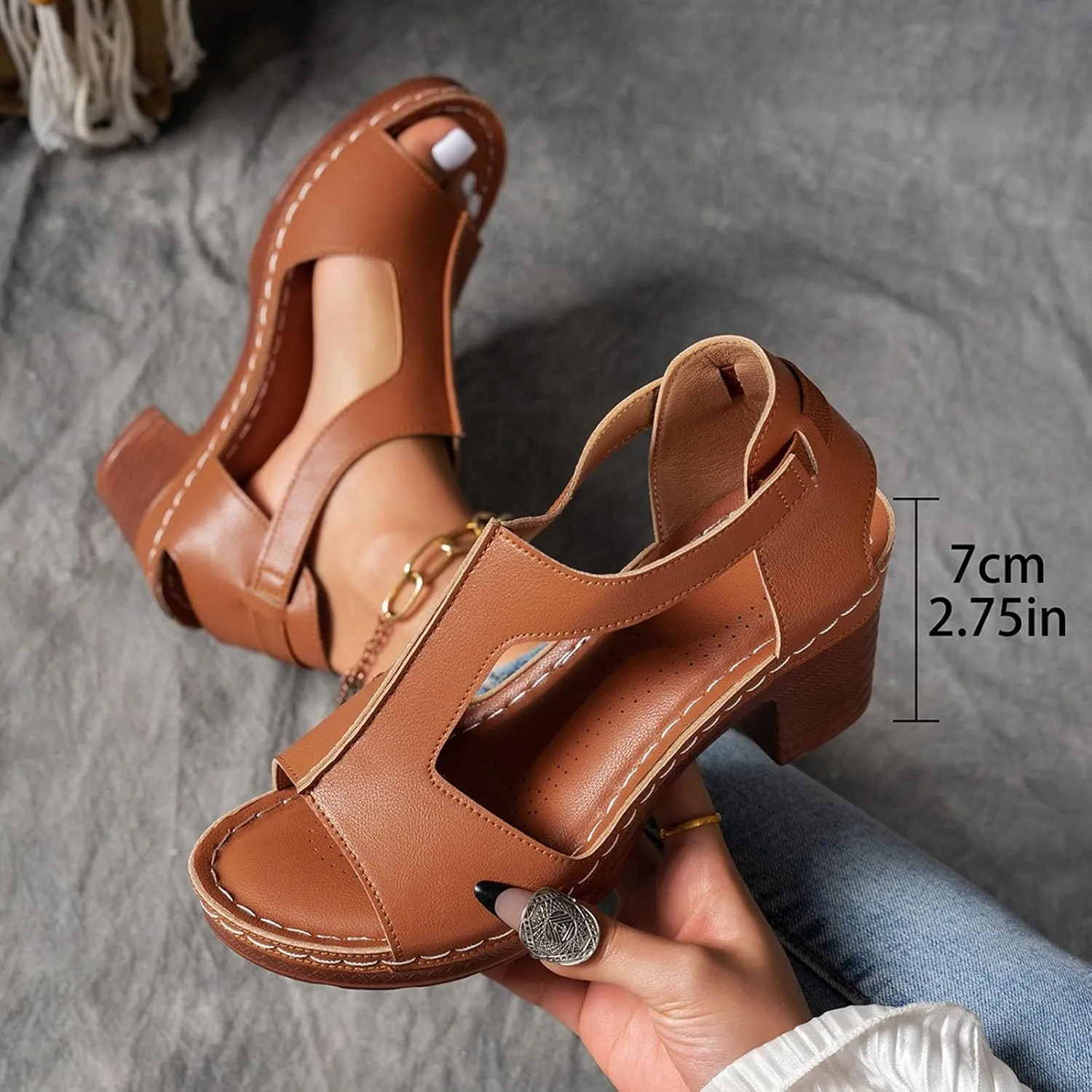 Hbeylia Women's Platform Chunky Heels Sandals Open Toe Cutout T-Strap Slip On Sandals Block Heeled Comfortable Fashion Wedding Party Dress Sandals Elastic Ankle Strap Office Casual Summer Shoes