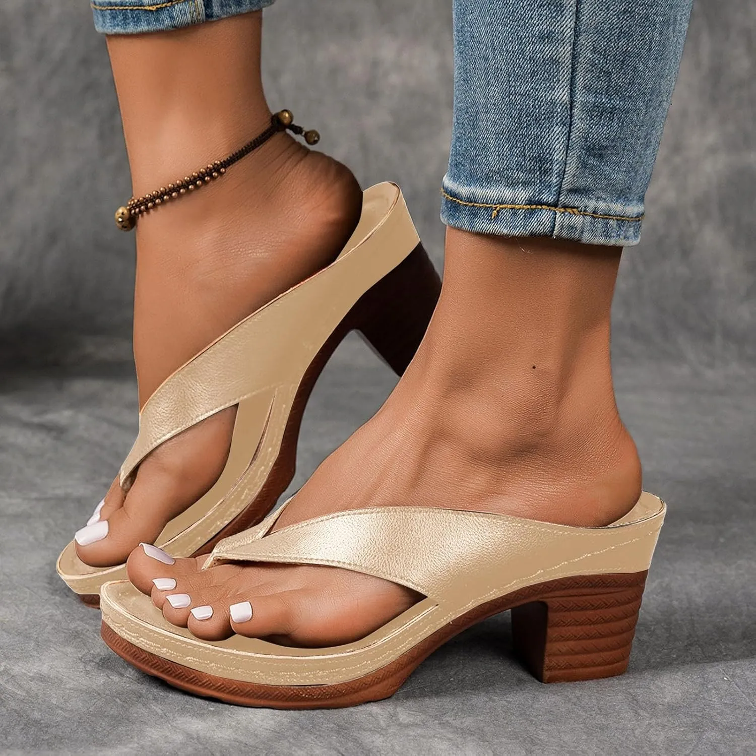 Heeled Sandals for Women Flip Flops Slip On Open Toe Chunky Heel Thong Slide 2025 Women's Summer Dressy Block Heel Fashion Dress Comfortable Bridal Party Wedding Shoes Casual Mules