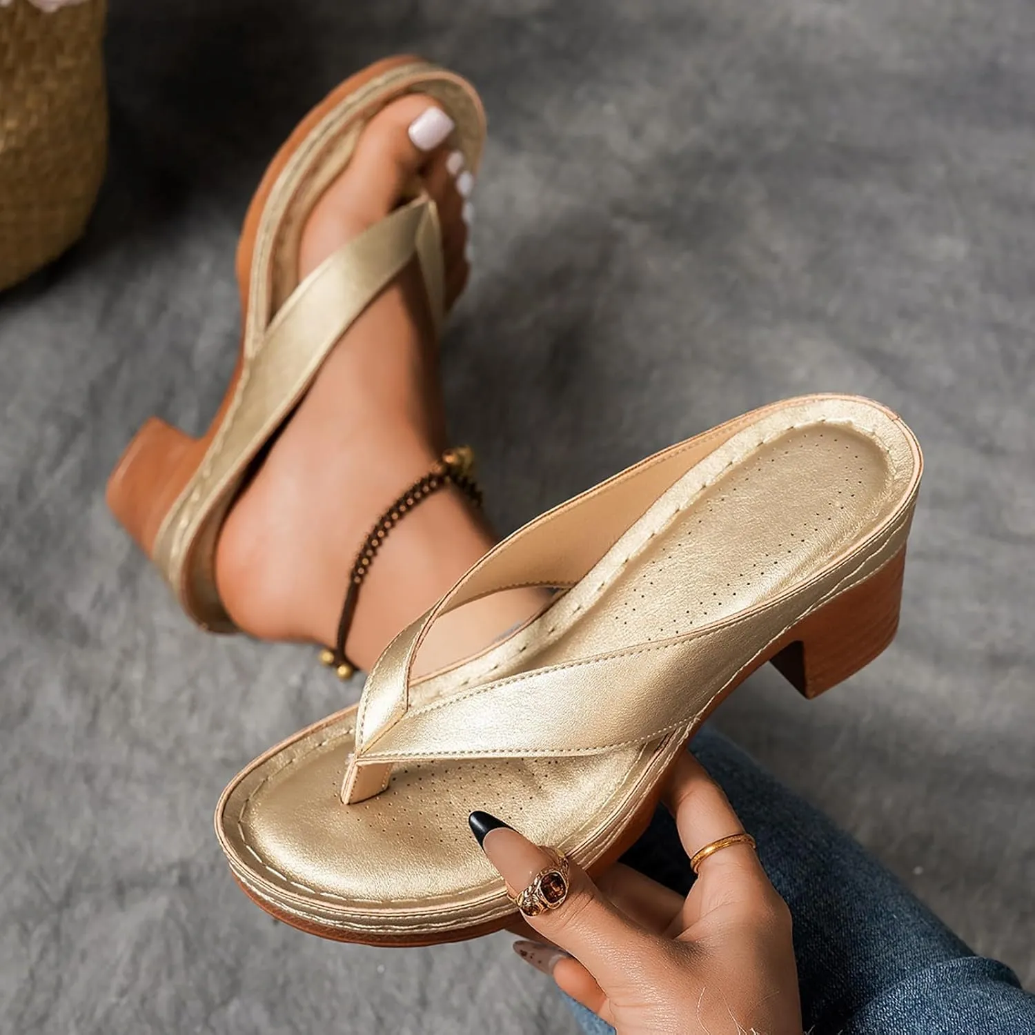 Heeled Sandals for Women Flip Flops Slip On Open Toe Chunky Heel Thong Slide 2025 Women's Summer Dressy Block Heel Fashion Dress Comfortable Bridal Party Wedding Shoes Casual Mules