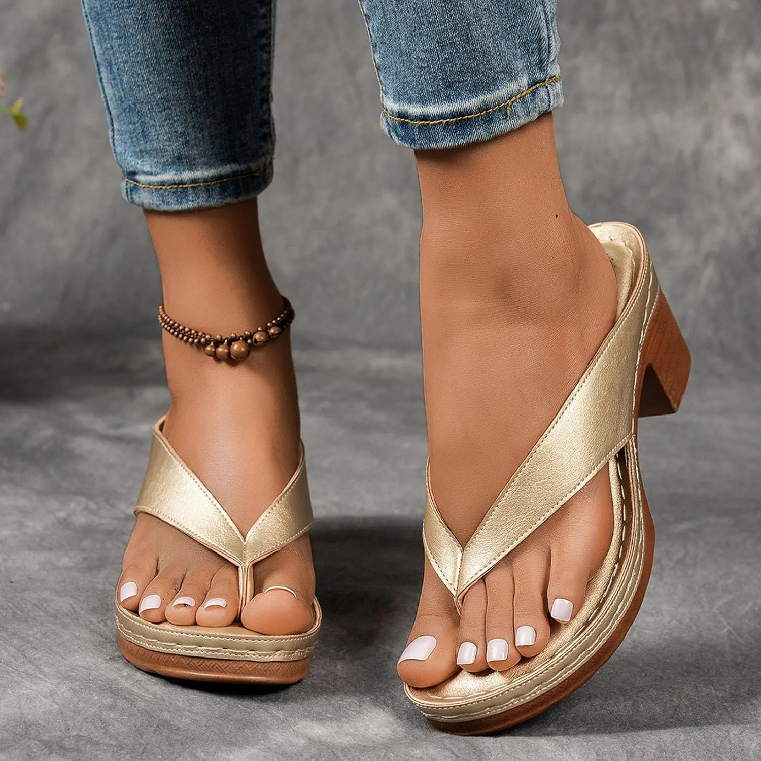 Heeled Sandals for Women Flip Flops Slip On Open Toe Chunky Heel Thong Slide 2025 Women's Summer Dressy Block Heel Fashion Dress Comfortable Bridal Party Wedding Shoes Casual Mules