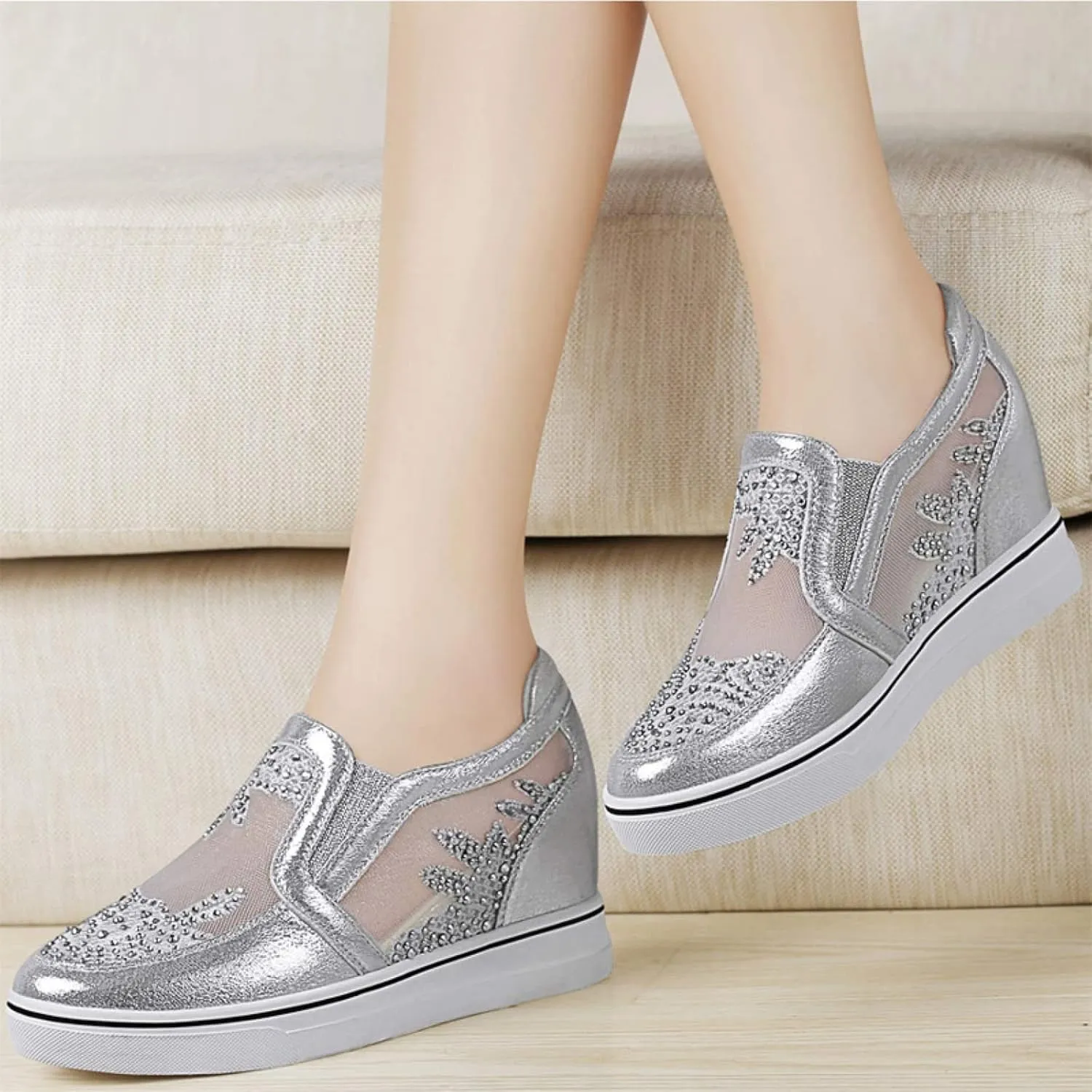 HINDOLA Women's Wedge Sneakers Platform High Heel Mesh Breathable Shoes Fashion Rhinestone Walking Shoes