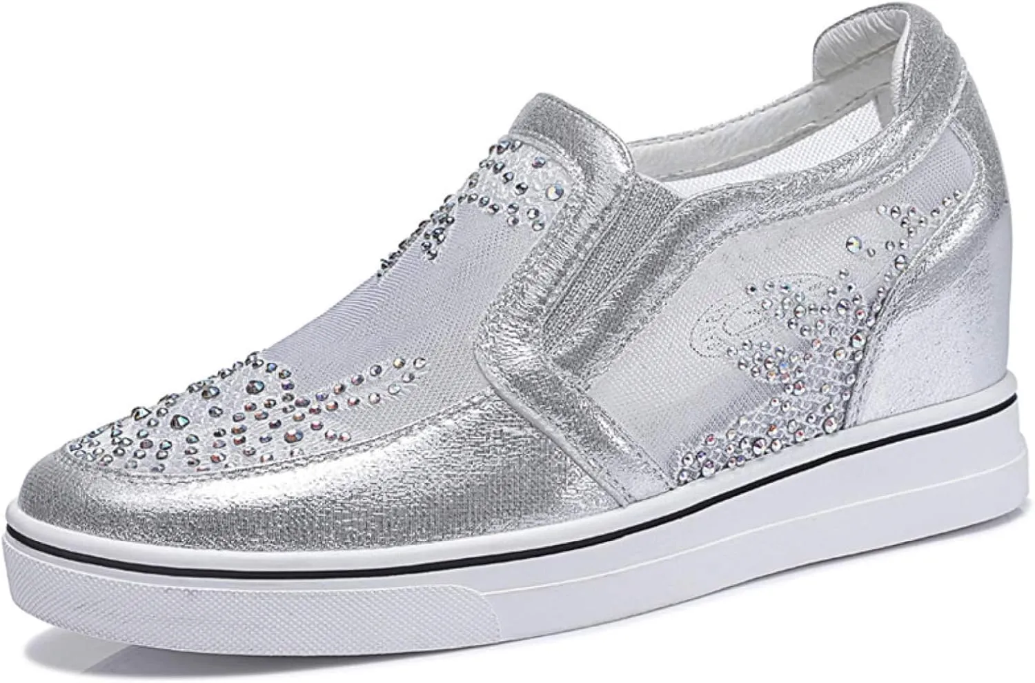 HINDOLA Women's Wedge Sneakers Platform High Heel Mesh Breathable Shoes Fashion Rhinestone Walking Shoes
