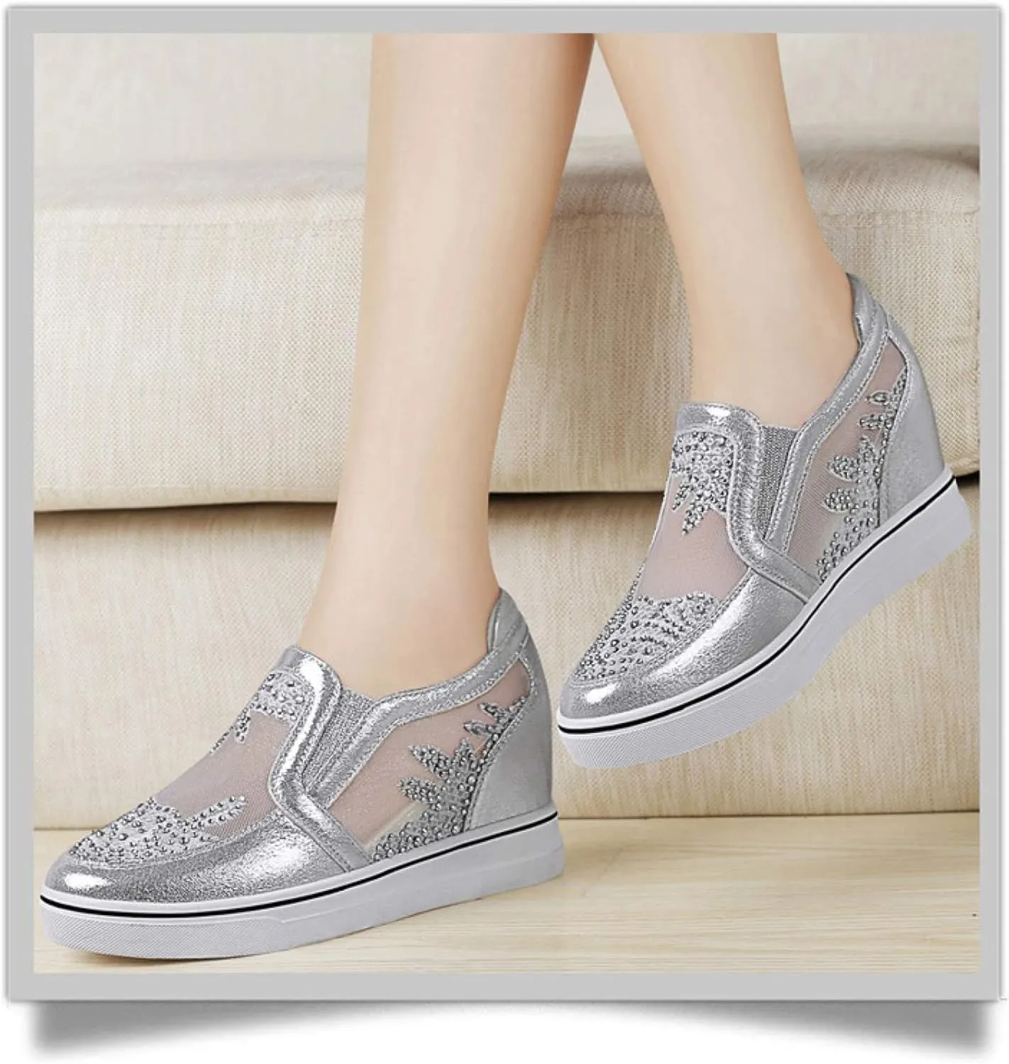 HINDOLA Women's Wedge Sneakers Platform High Heel Mesh Breathable Shoes Fashion Rhinestone Walking Shoes