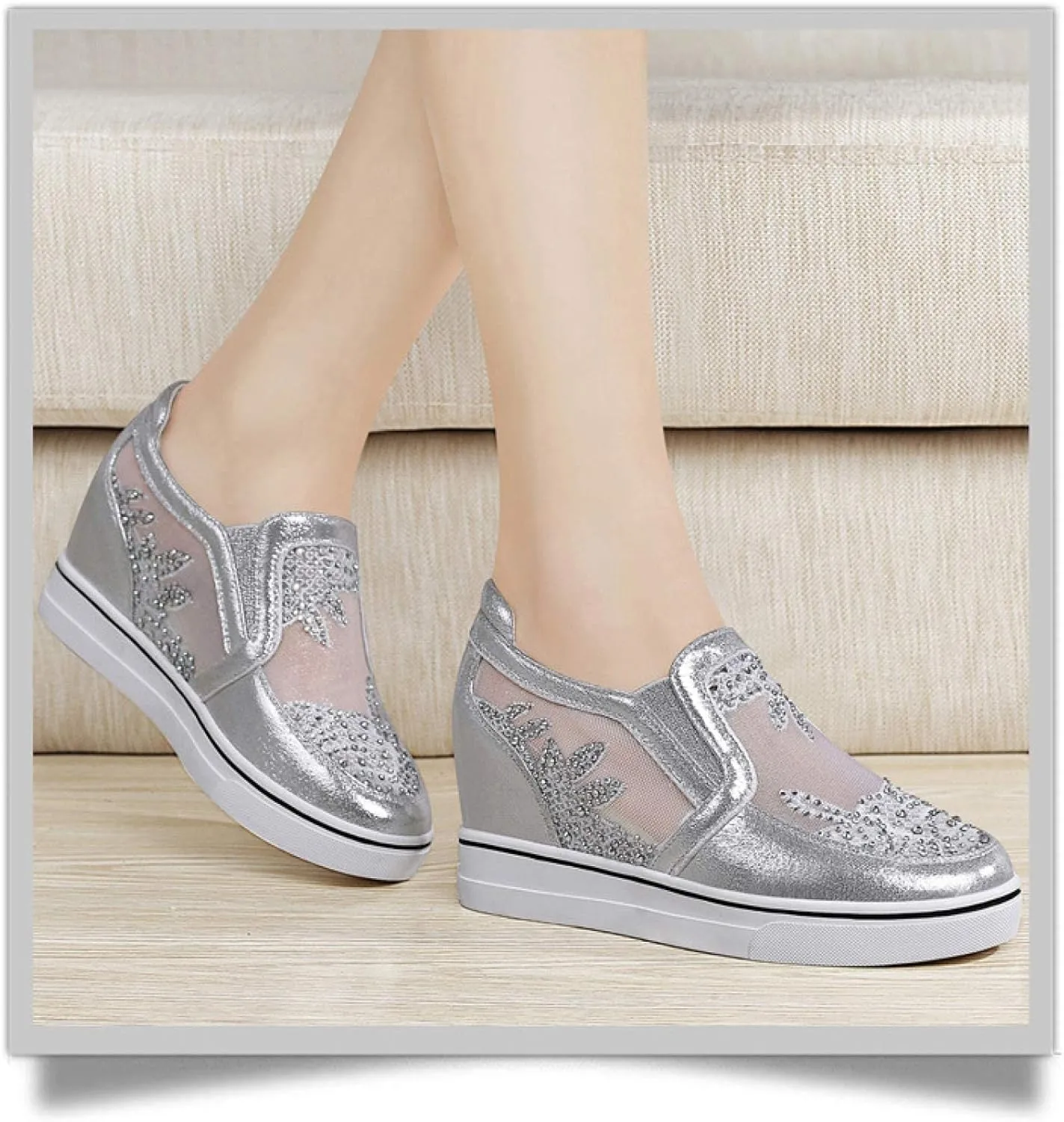HINDOLA Women's Wedge Sneakers Platform High Heel Mesh Breathable Shoes Fashion Rhinestone Walking Shoes