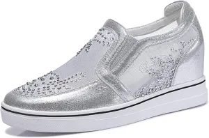 HINDOLA Women's Wedge Sneakers Platform High Heel Mesh Breathable Shoes Fashion Rhinestone Walking Shoes